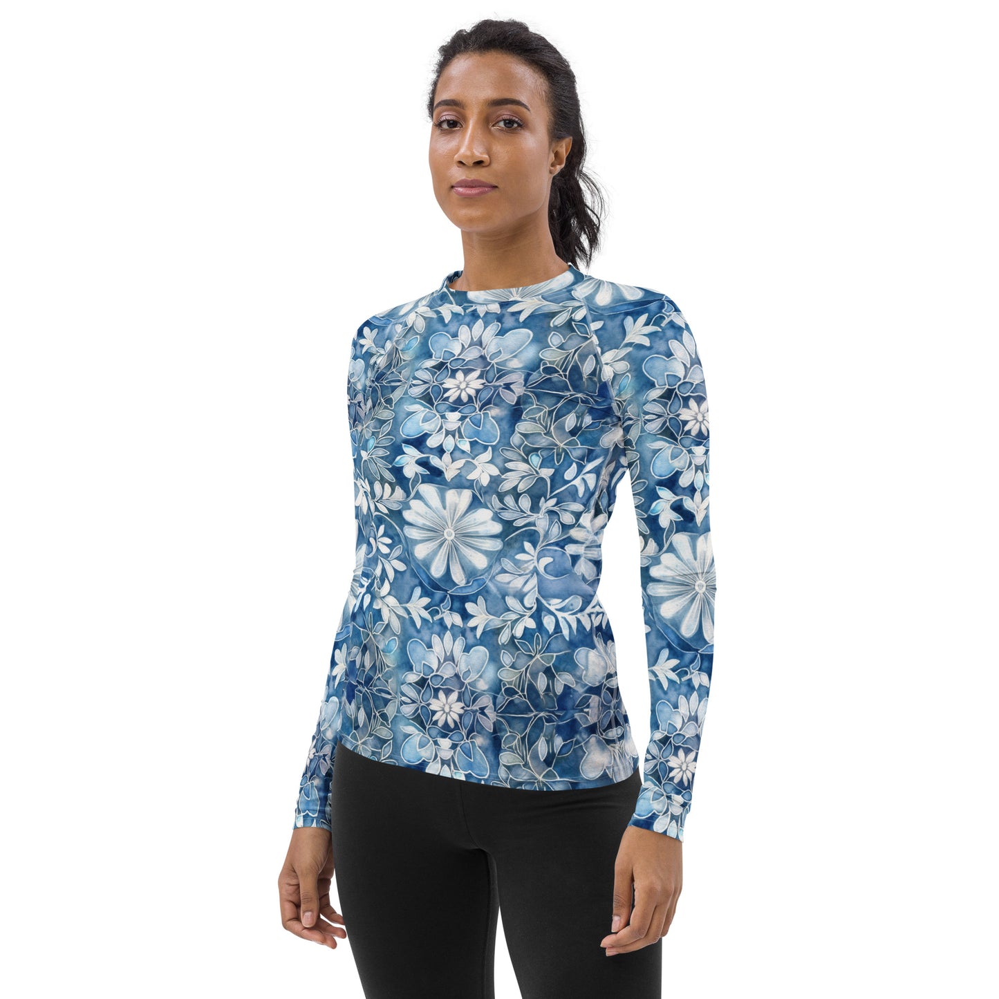 Blue with White Flowers - Women's Rash Guard