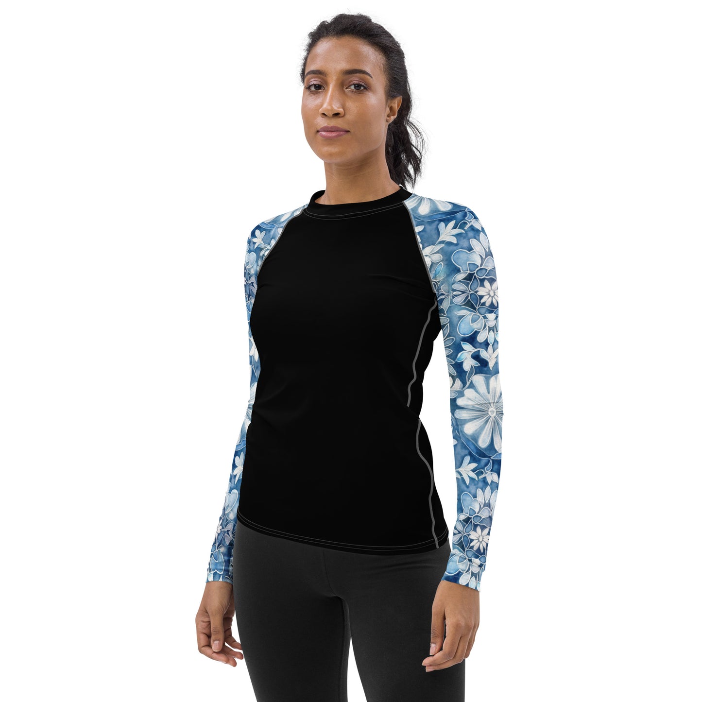 Blue with White Flowers Sleeves and Black Body - Women's Rash Guard