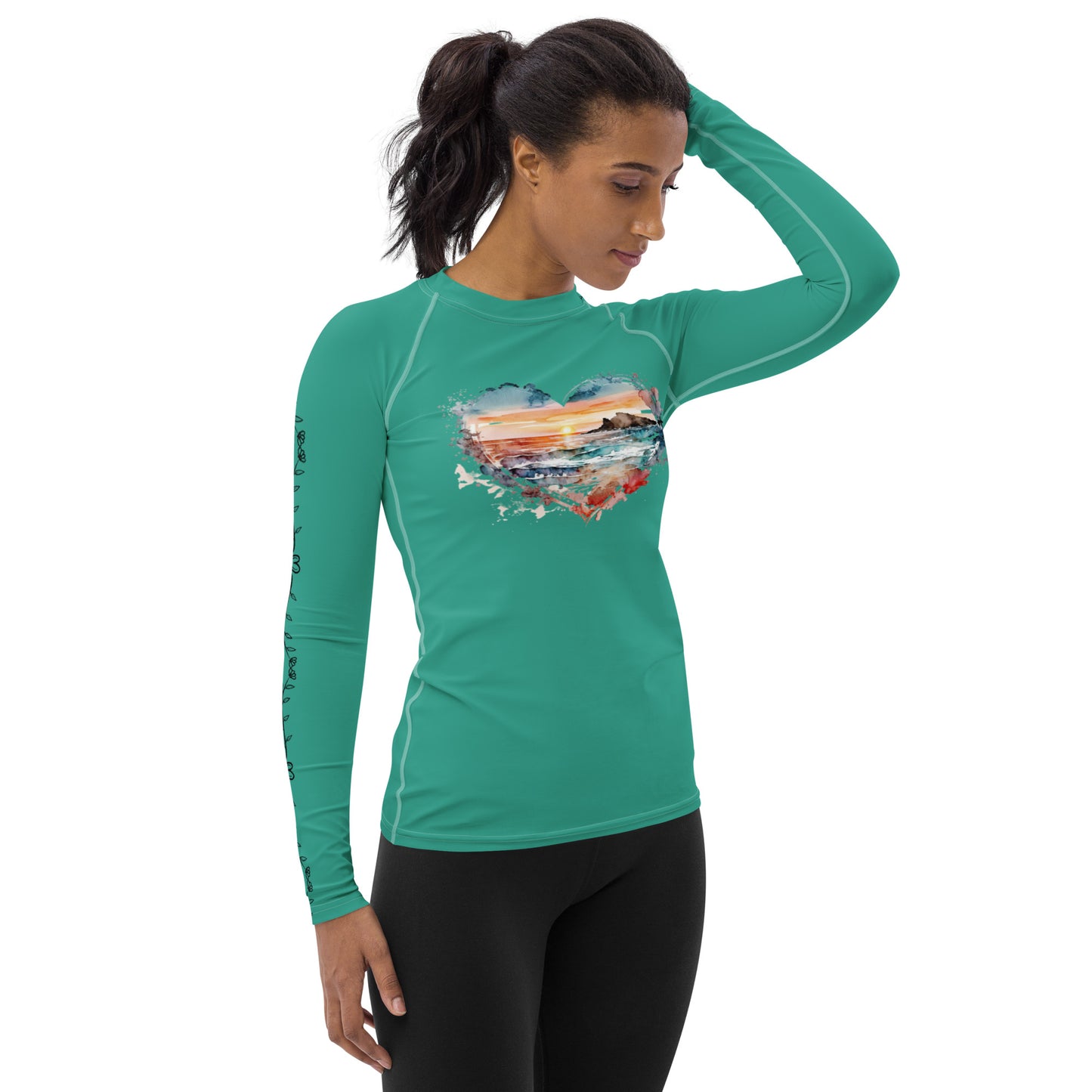 Sunset Heart - Heart Vines - Green/Blue - Women's Rash Guard