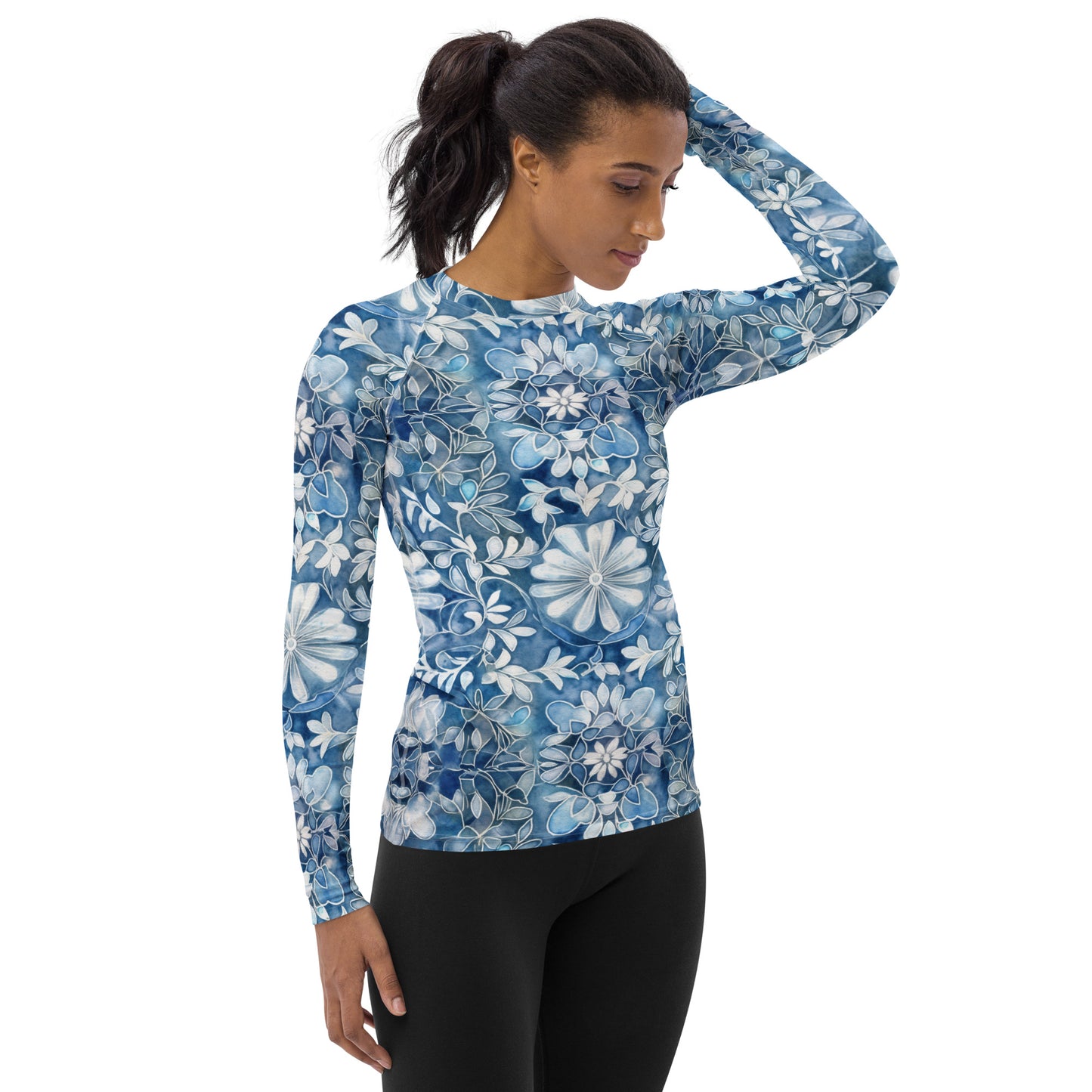 Blue with White Flowers - Women's Rash Guard