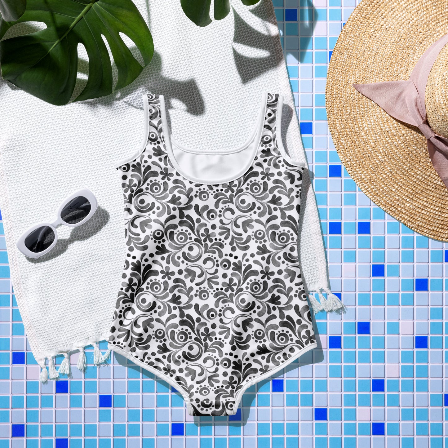 Watercolor Swirls - Black - Youth Swimsuit