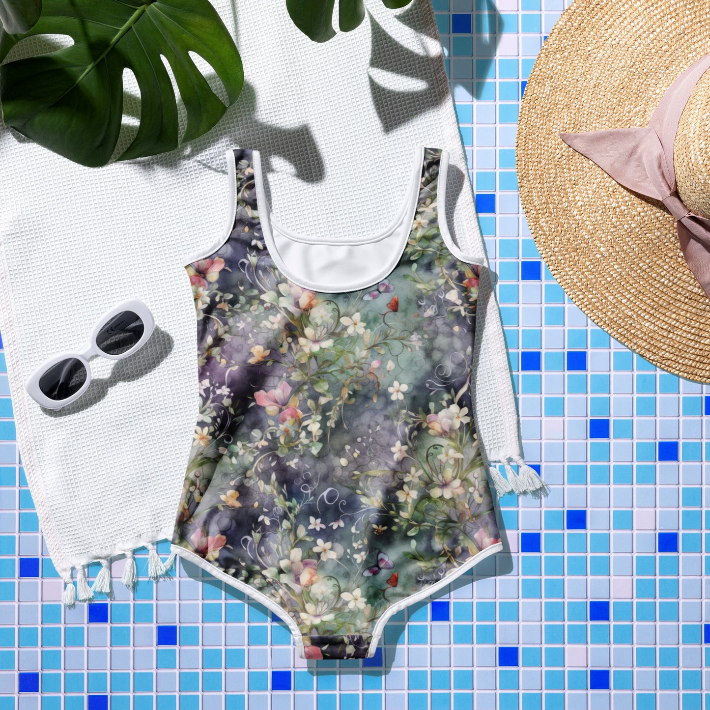 Watercolor Flowers - Dark - Youth Swimsuit