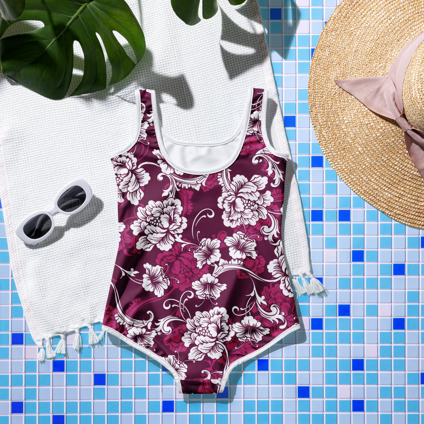 Dark Pink Baroque White Flowers - Youth Swimsuit