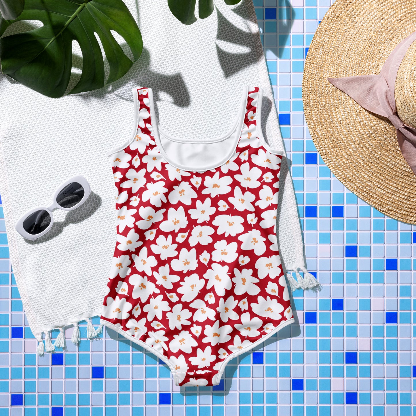 Red with White Flowers - Youth Swimsuit