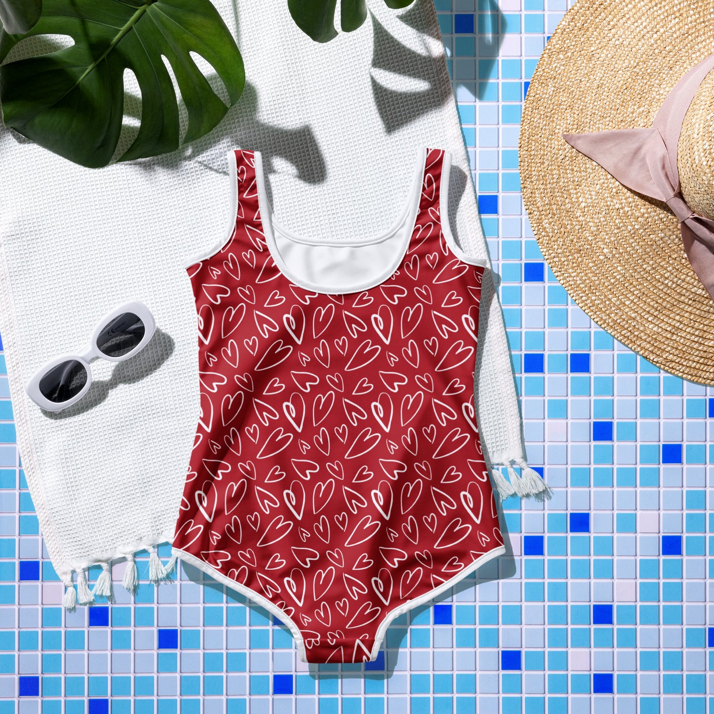 Red with White Hearts - Youth Swimsuit