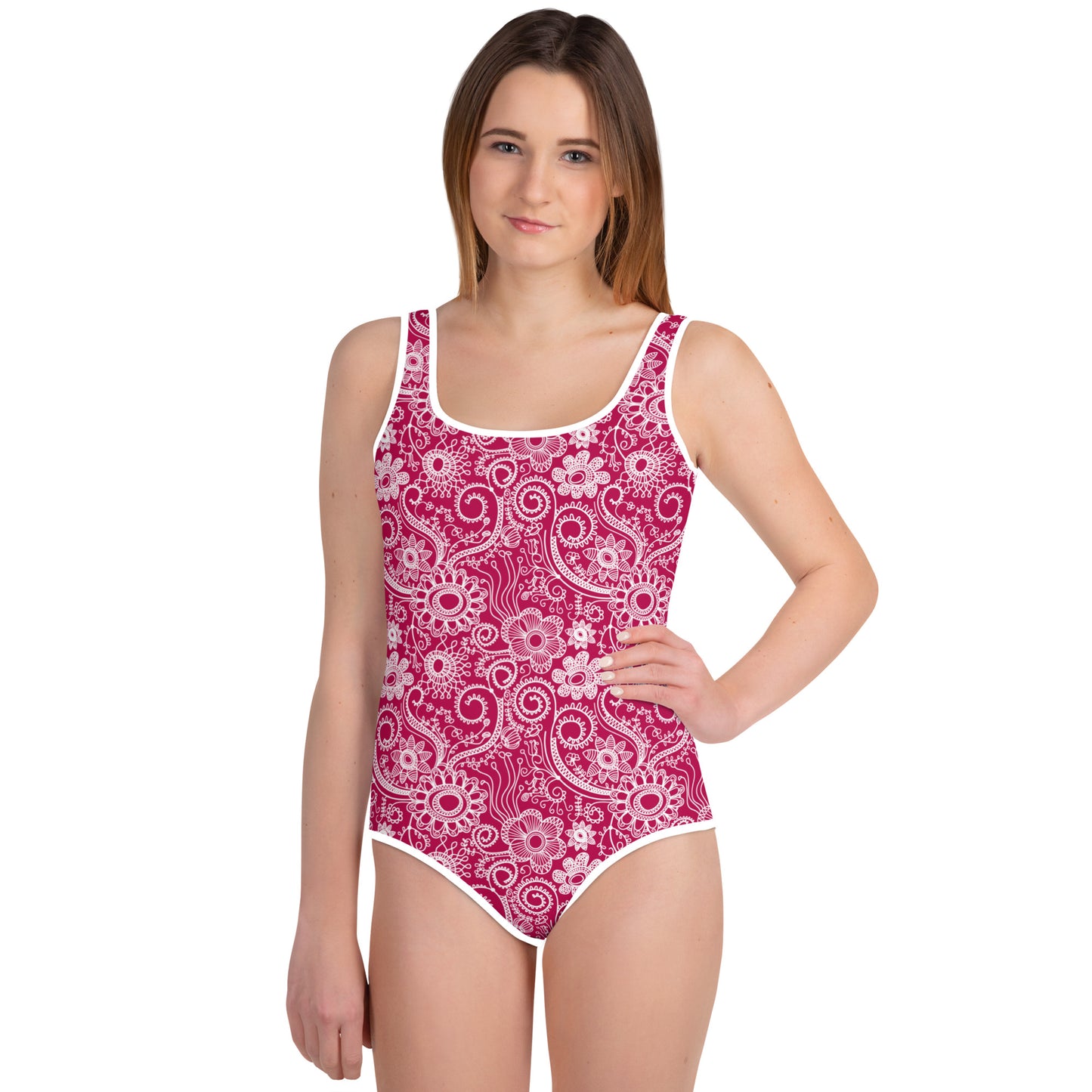 Doodle Flowers - Pink - Youth Swimsuit