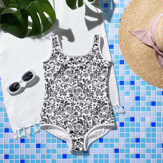 Watercolor Swirls - Black - Youth Swimsuit