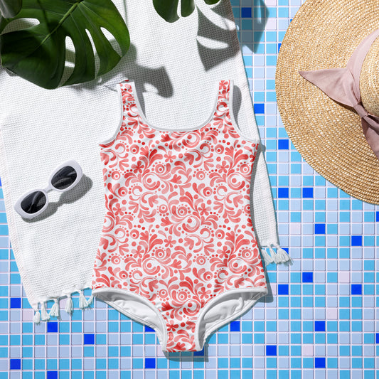Watercolor Swirls - Red - Youth Swimsuit