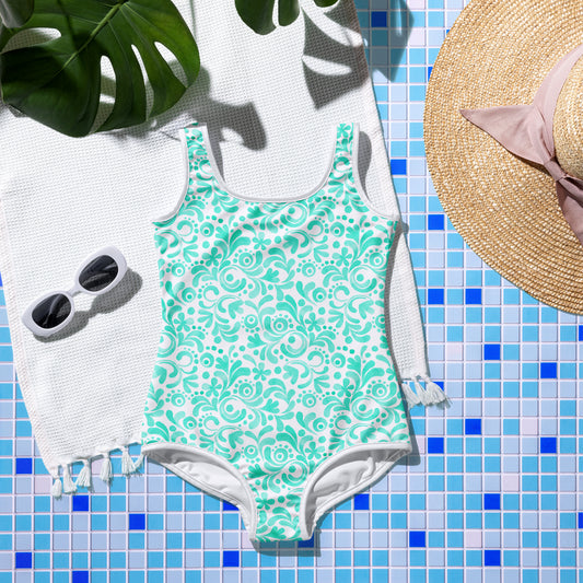 Watercolor Swirls - Teal - Youth Swimsuit
