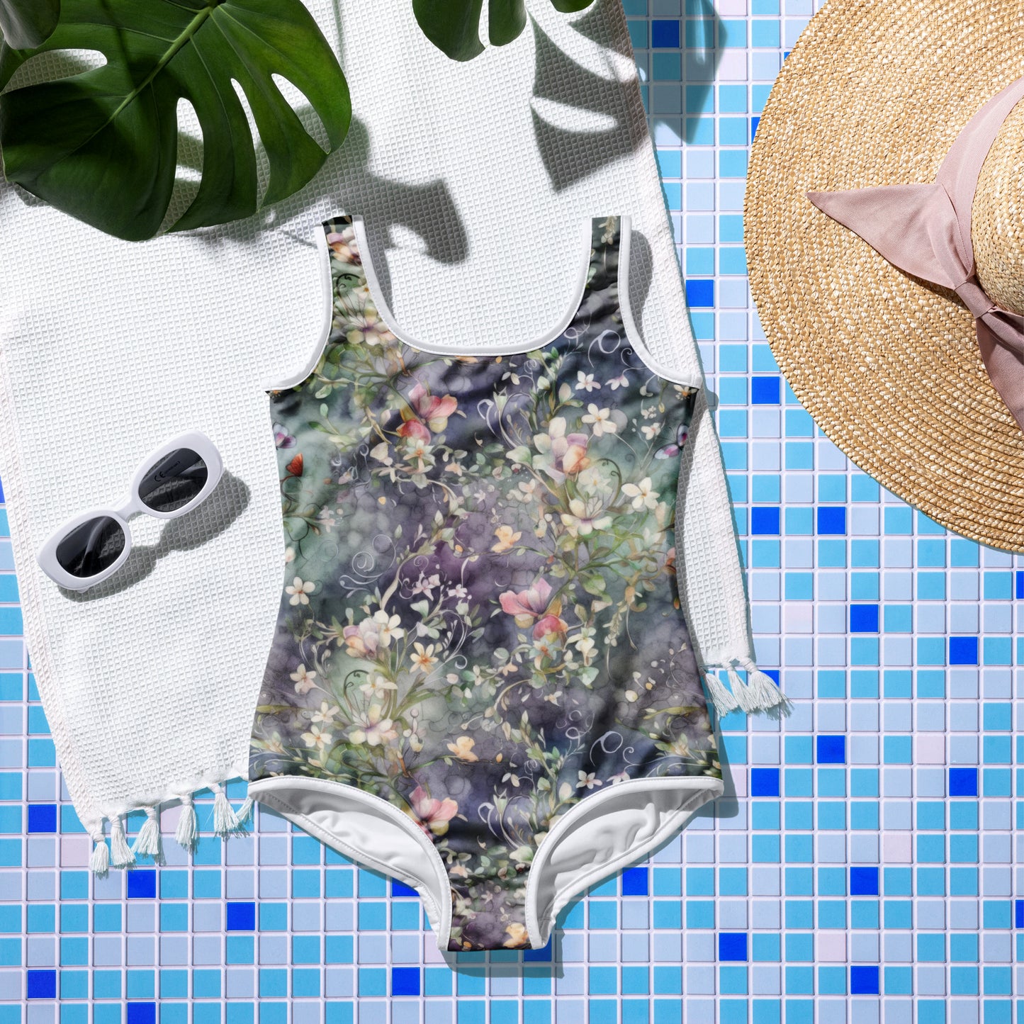 Watercolor Flowers - Dark - Youth Swimsuit