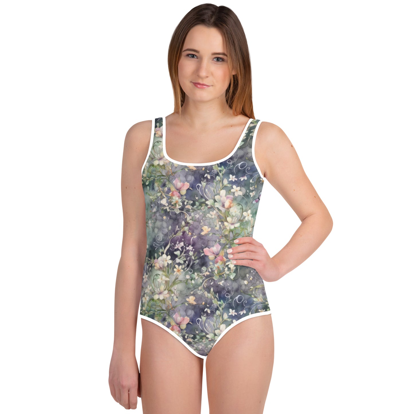 Watercolor Flowers - Dark - Youth Swimsuit