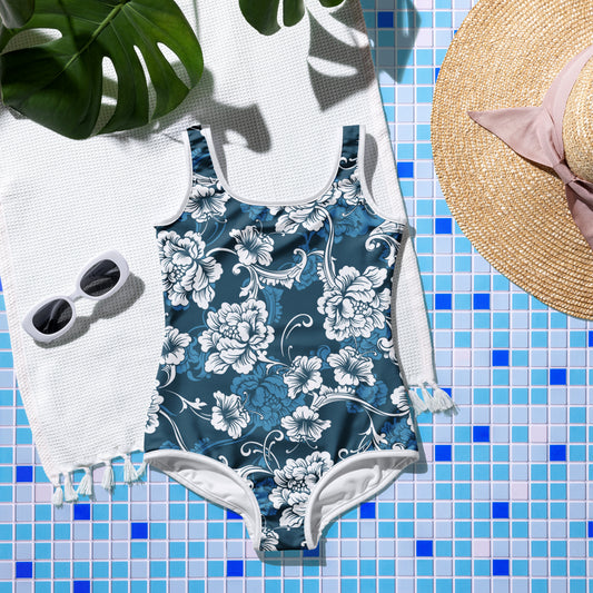 Blue Baroque White Flowers - Youth Swimsuit