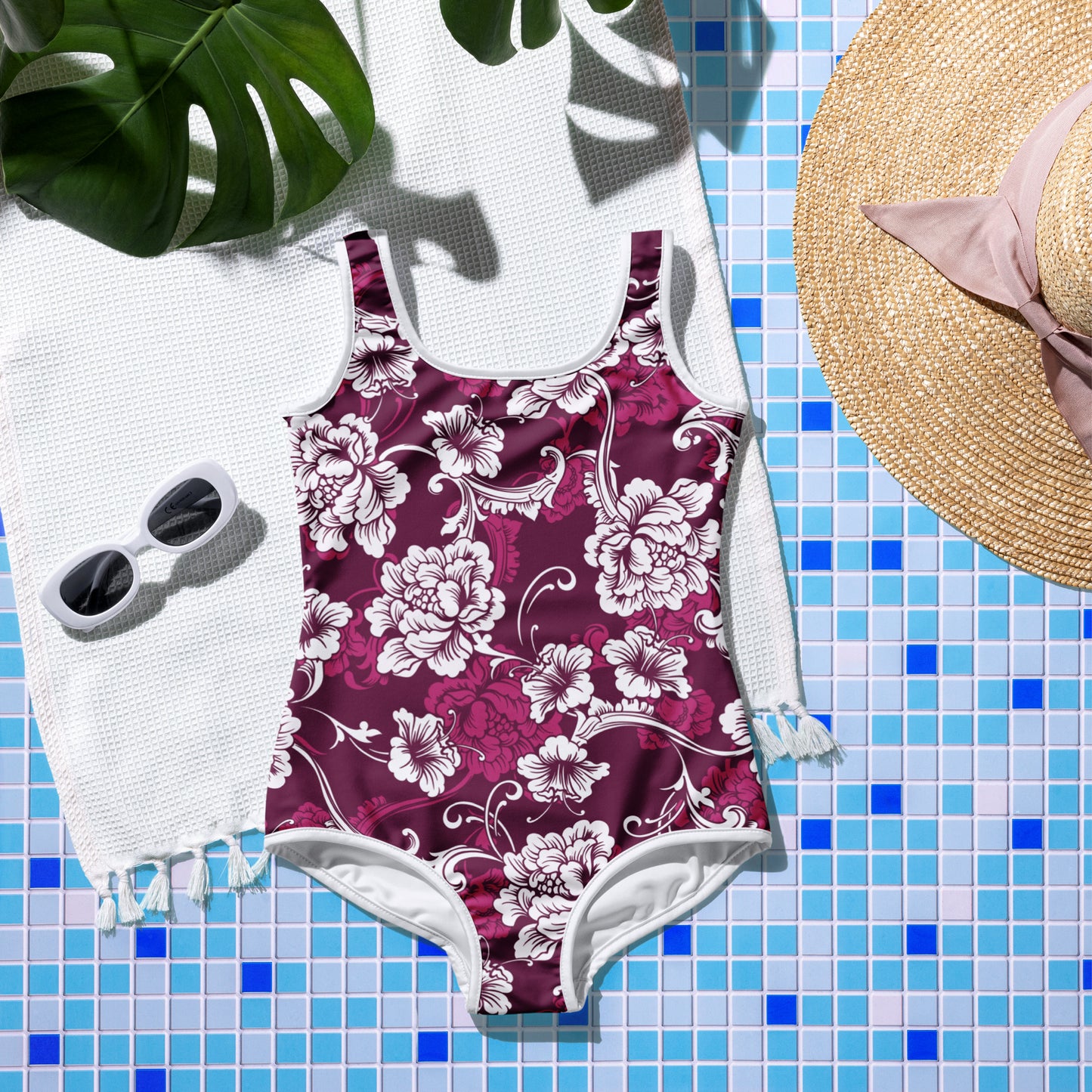 Dark Pink Baroque White Flowers - Youth Swimsuit