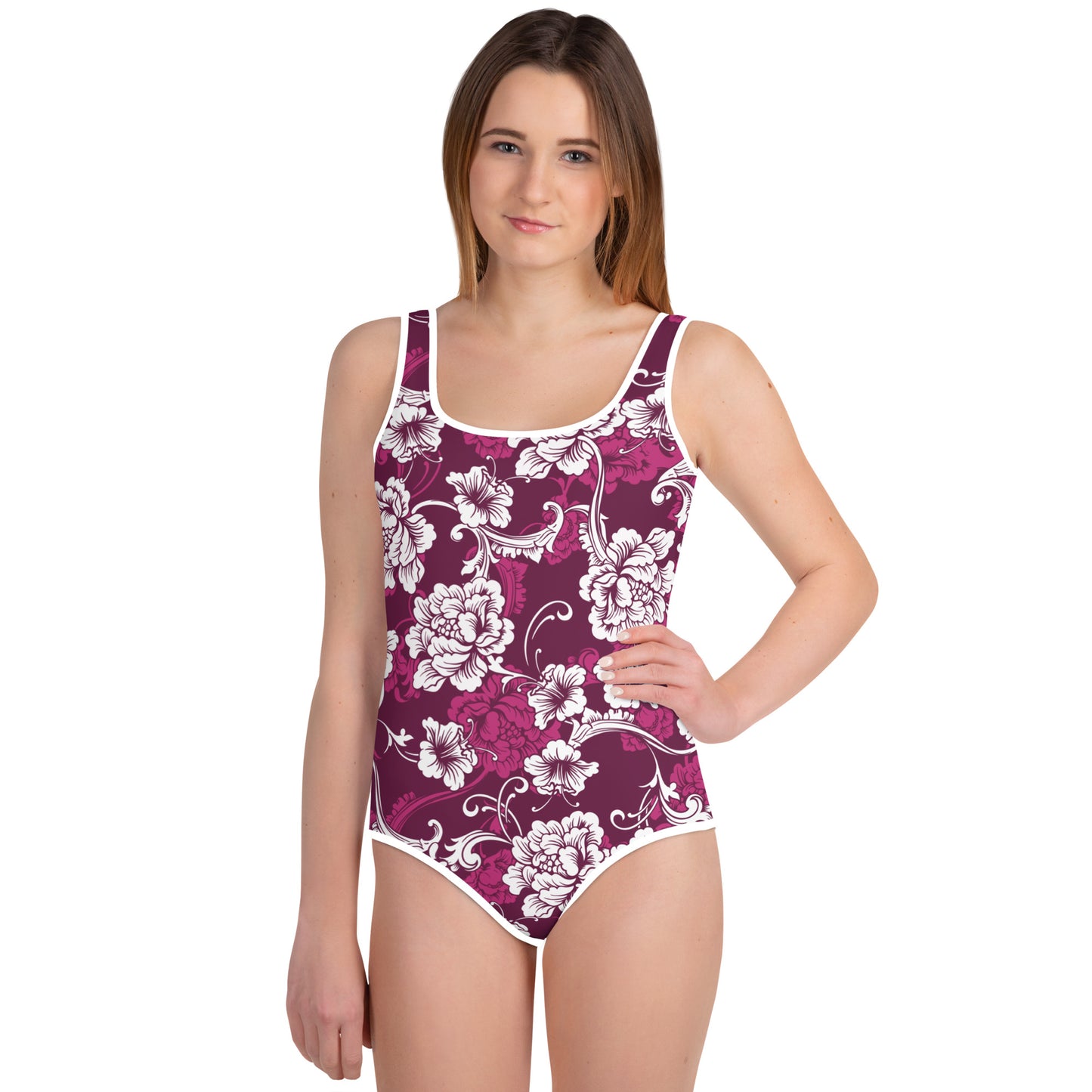 Dark Pink Baroque White Flowers - Youth Swimsuit