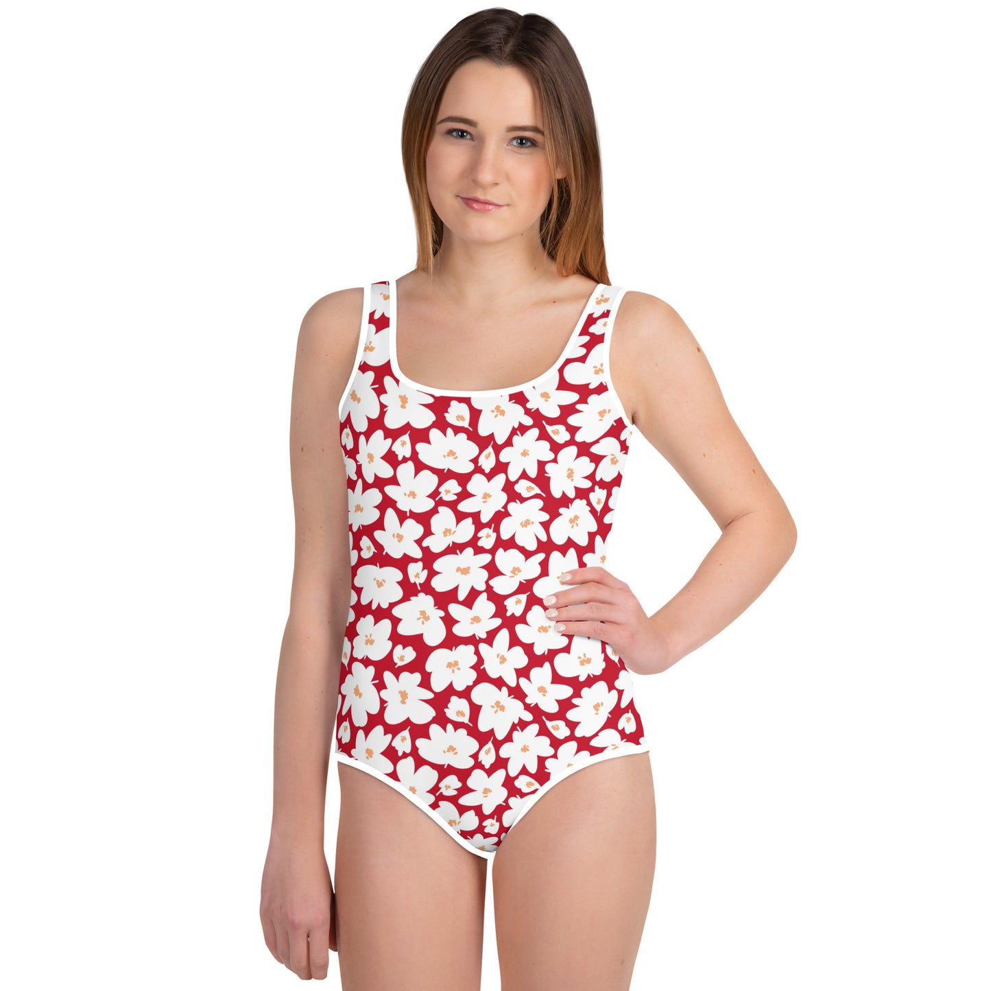 Red with White Flowers - Youth Swimsuit