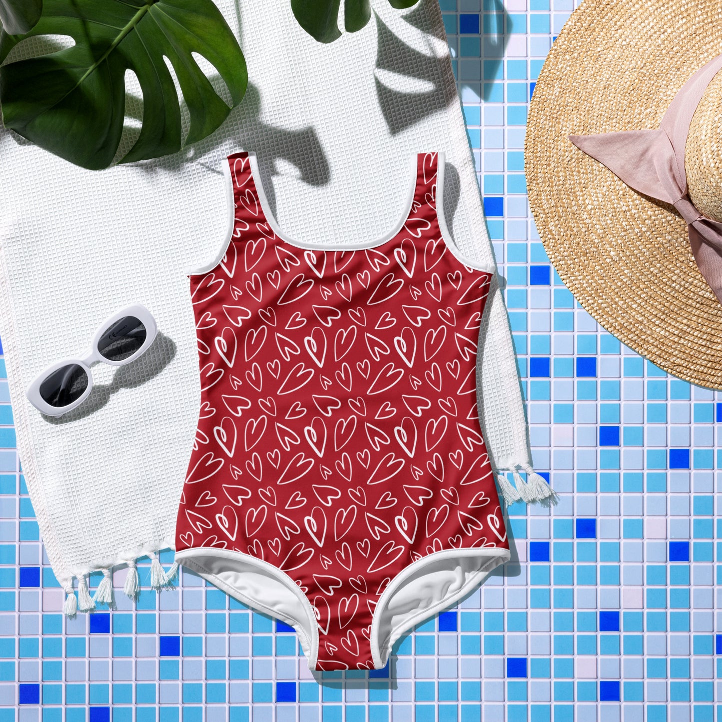 Red with White Hearts - Youth Swimsuit
