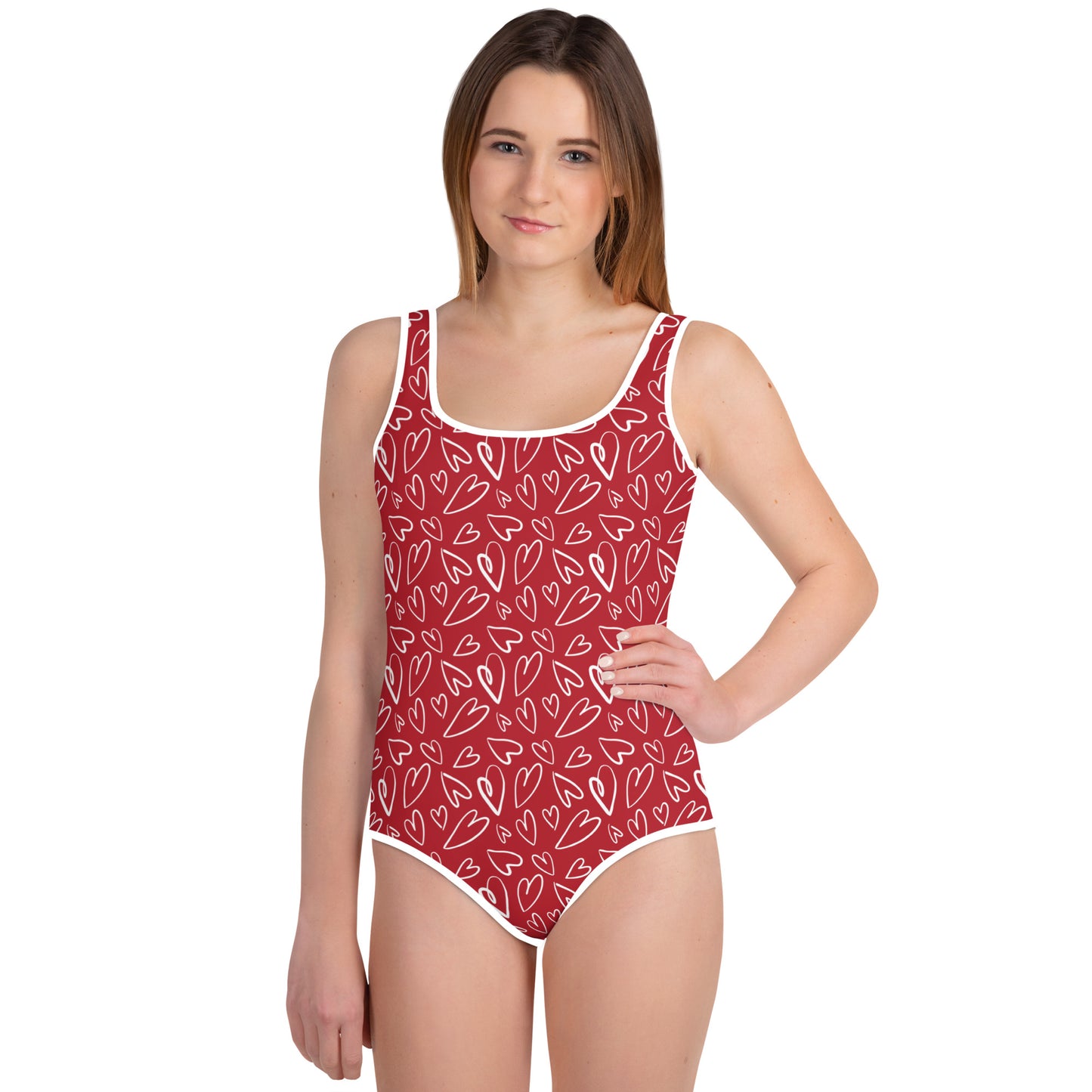 Red with White Hearts - Youth Swimsuit