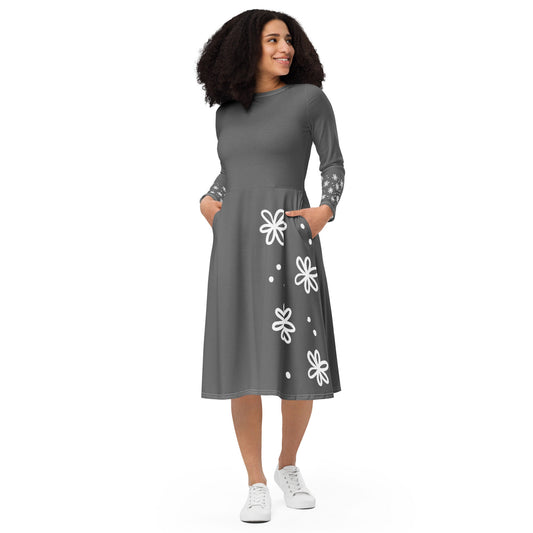 All-over print long sleeve midi dress - Falling Flowers - Gray