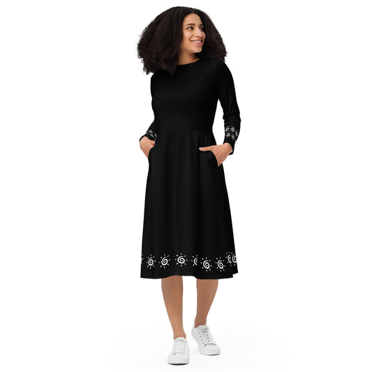 All-over print long sleeve midi dress - Spiral Burst - Black