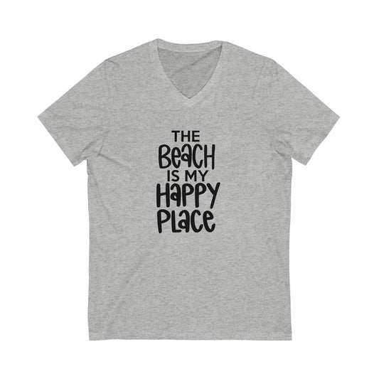 Unisex Jersey Short Sleeve V-Neck Tee - The Beach is my Happy Place