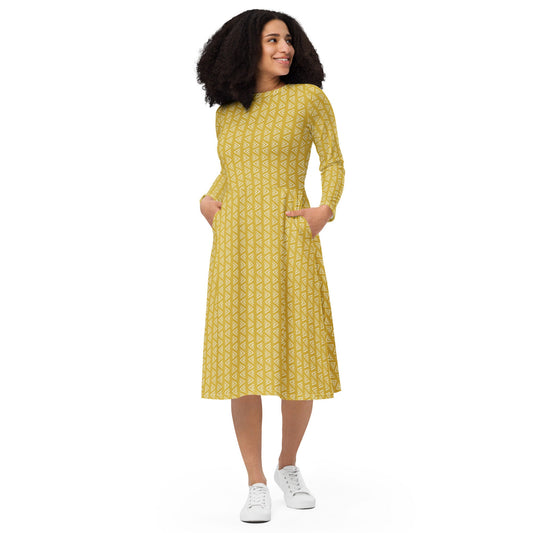 Yellow Boho - All-over print long sleeve midi dress