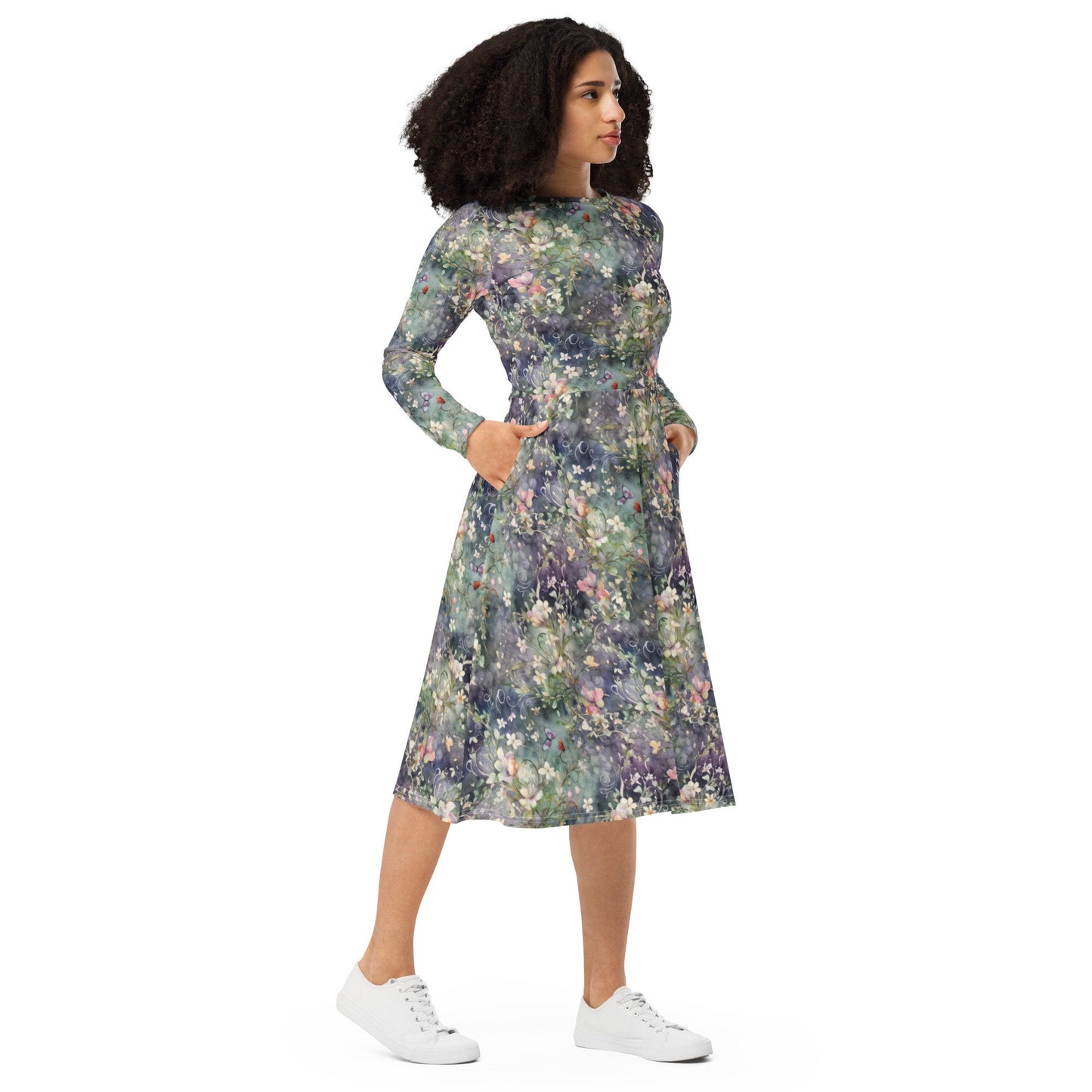 Floral Watercolor - Dark - All-over print long sleeve midi dress