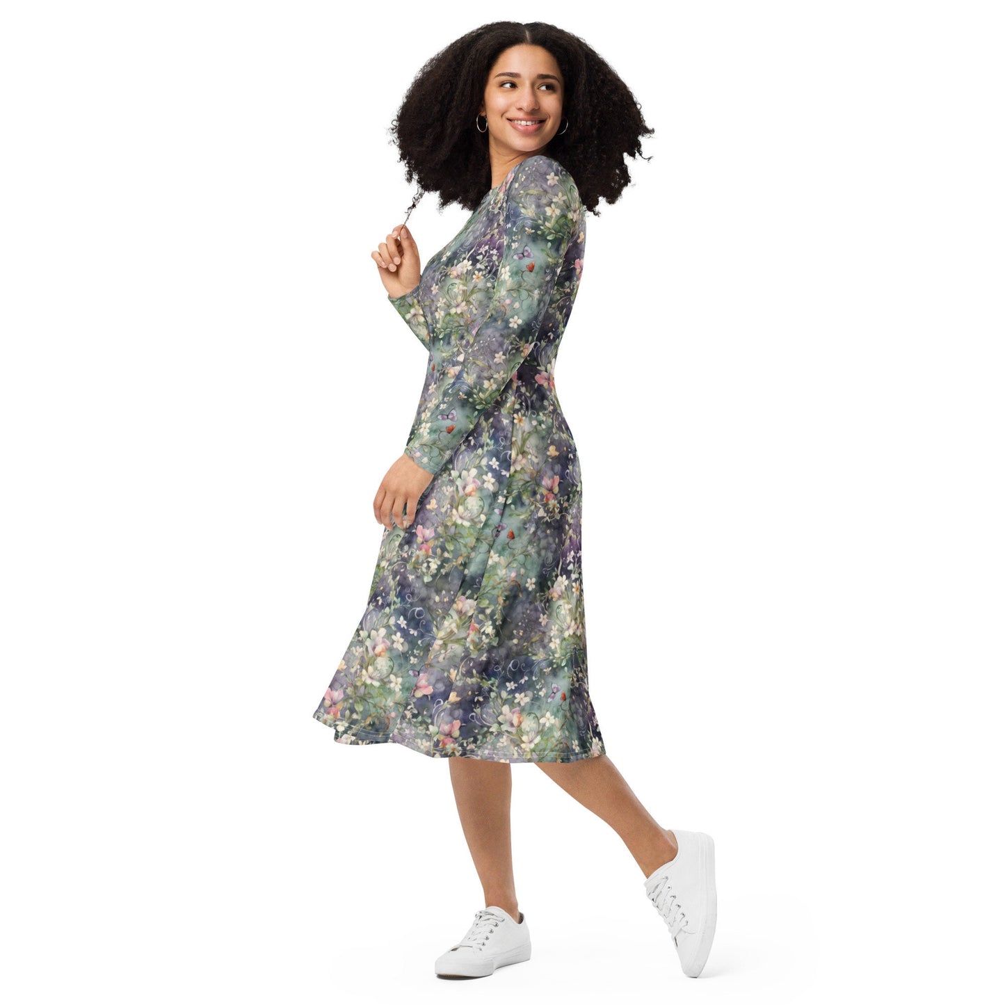 Floral Watercolor - Dark - All-over print long sleeve midi dress