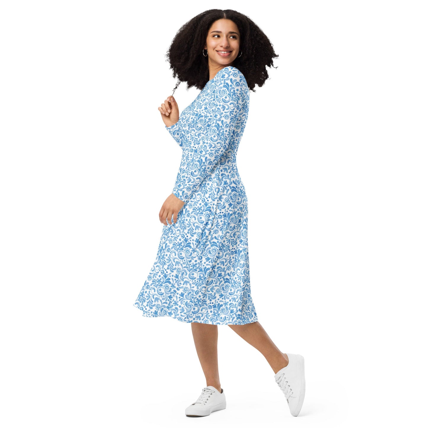Blue - Watercolor Swirls - All-over print long sleeve midi dress
