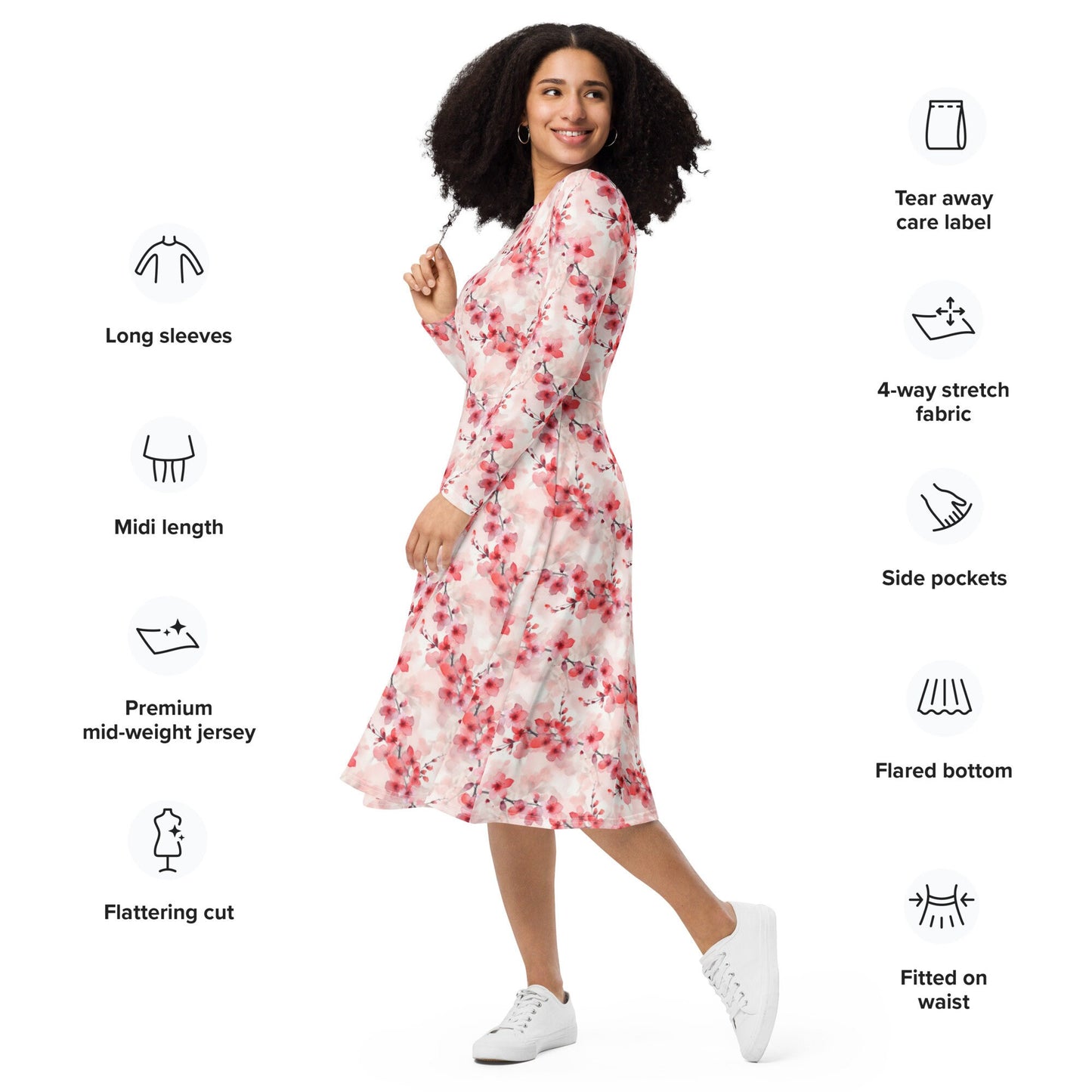 Cherry Blossom - All-over print long sleeve midi dress