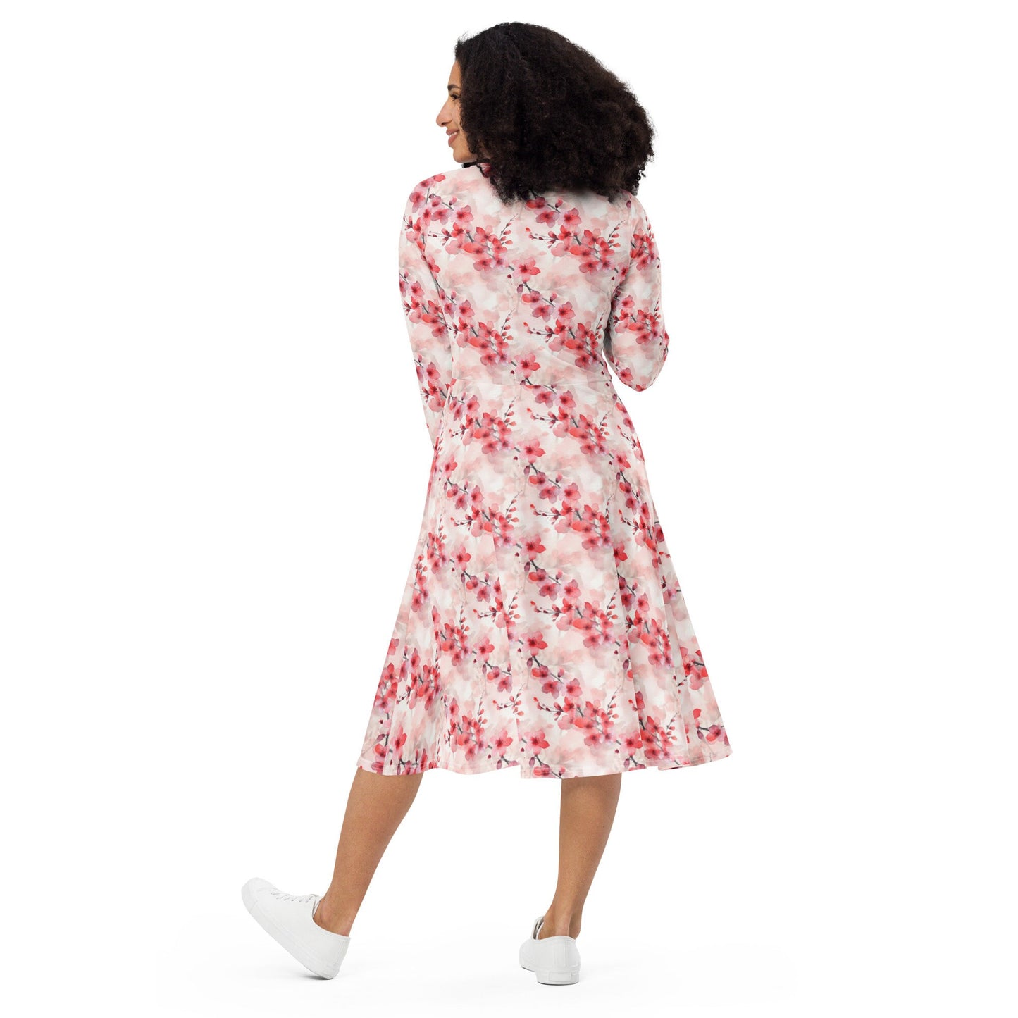 Cherry Blossom - All-over print long sleeve midi dress