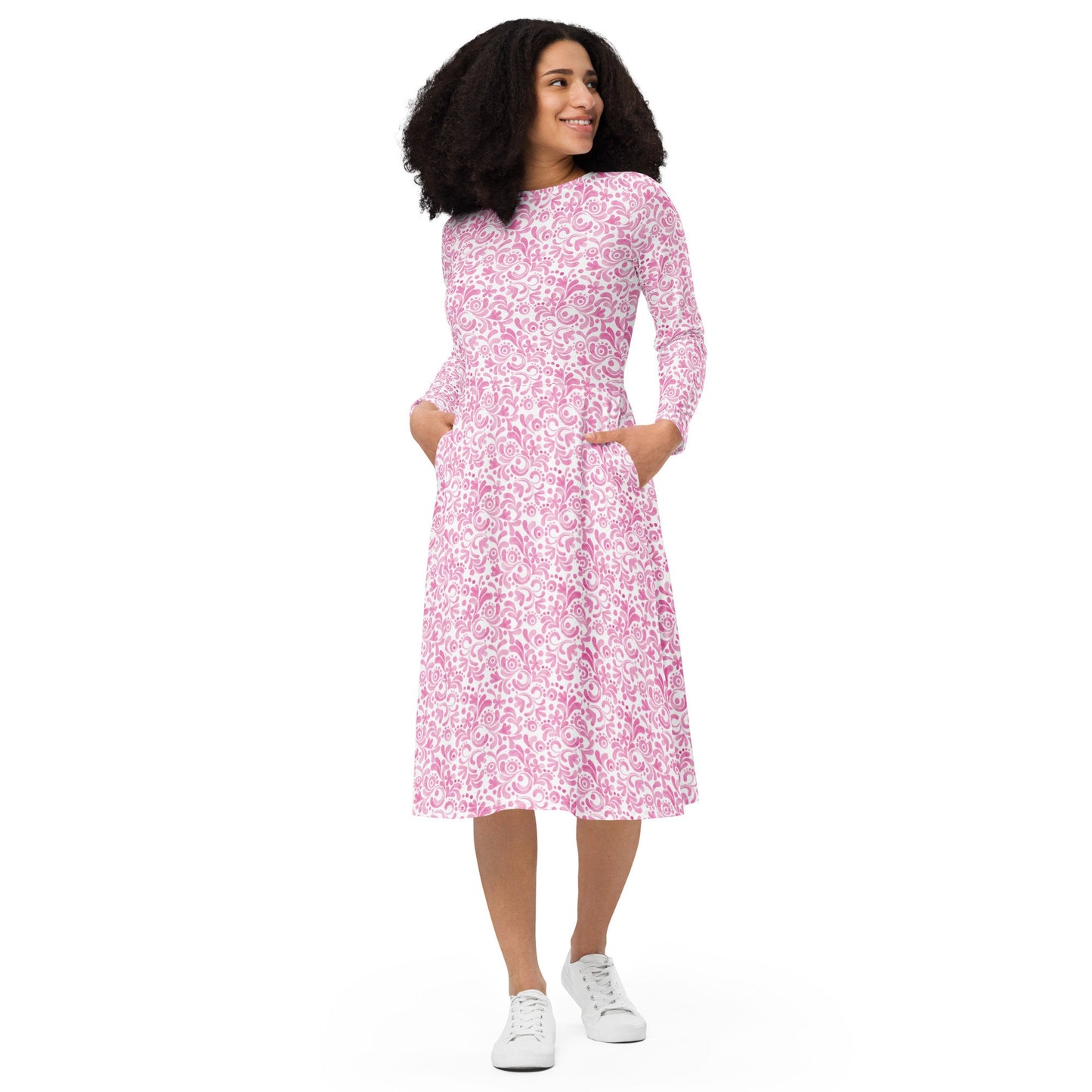 Pink - Watercolor Swirls - All-over print long sleeve midi dress