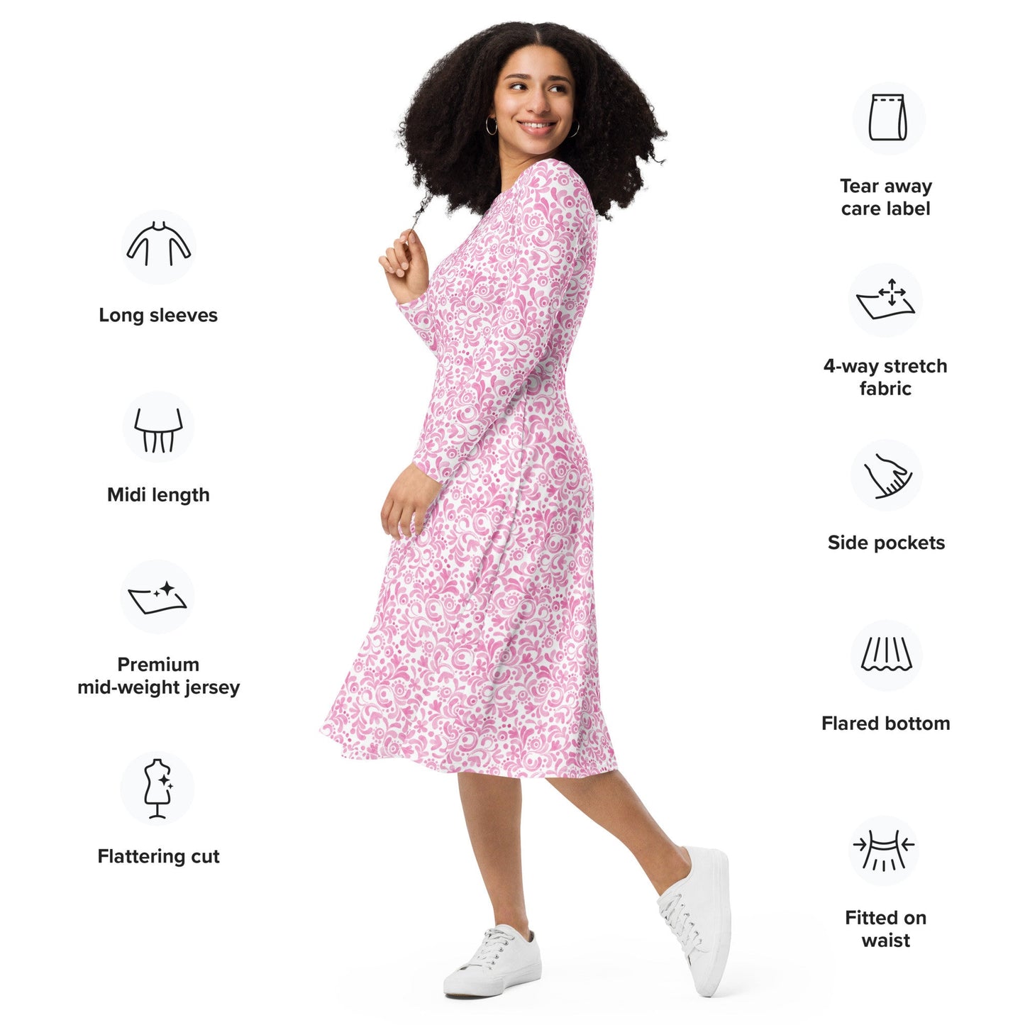 Pink - Watercolor Swirls - All-over print long sleeve midi dress