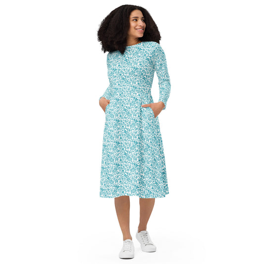 Teal - Watercolor Swirls - All-over print long sleeve midi dress