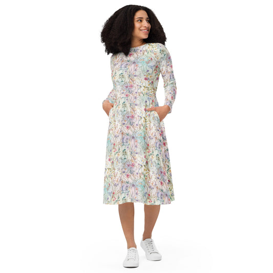 Floral Watercolor - Light -  All-over print long sleeve midi dress