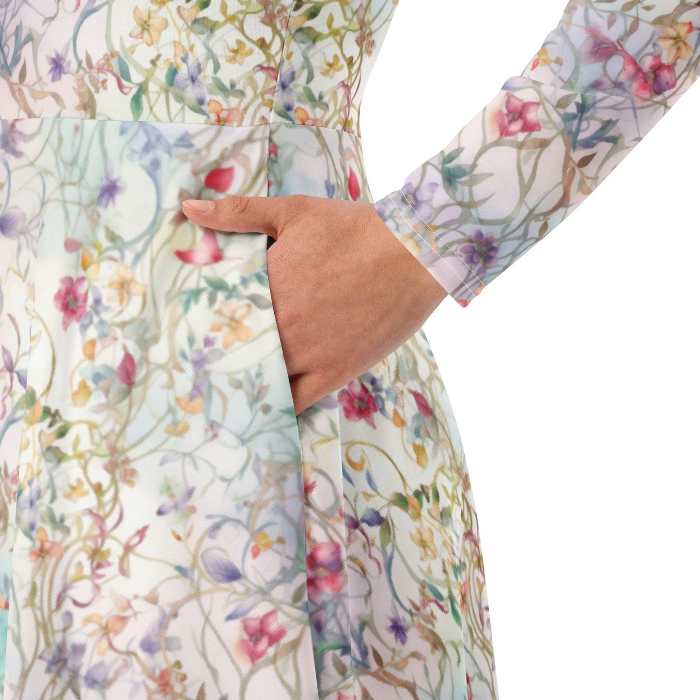 Floral Watercolor - Light -  All-over print long sleeve midi dress