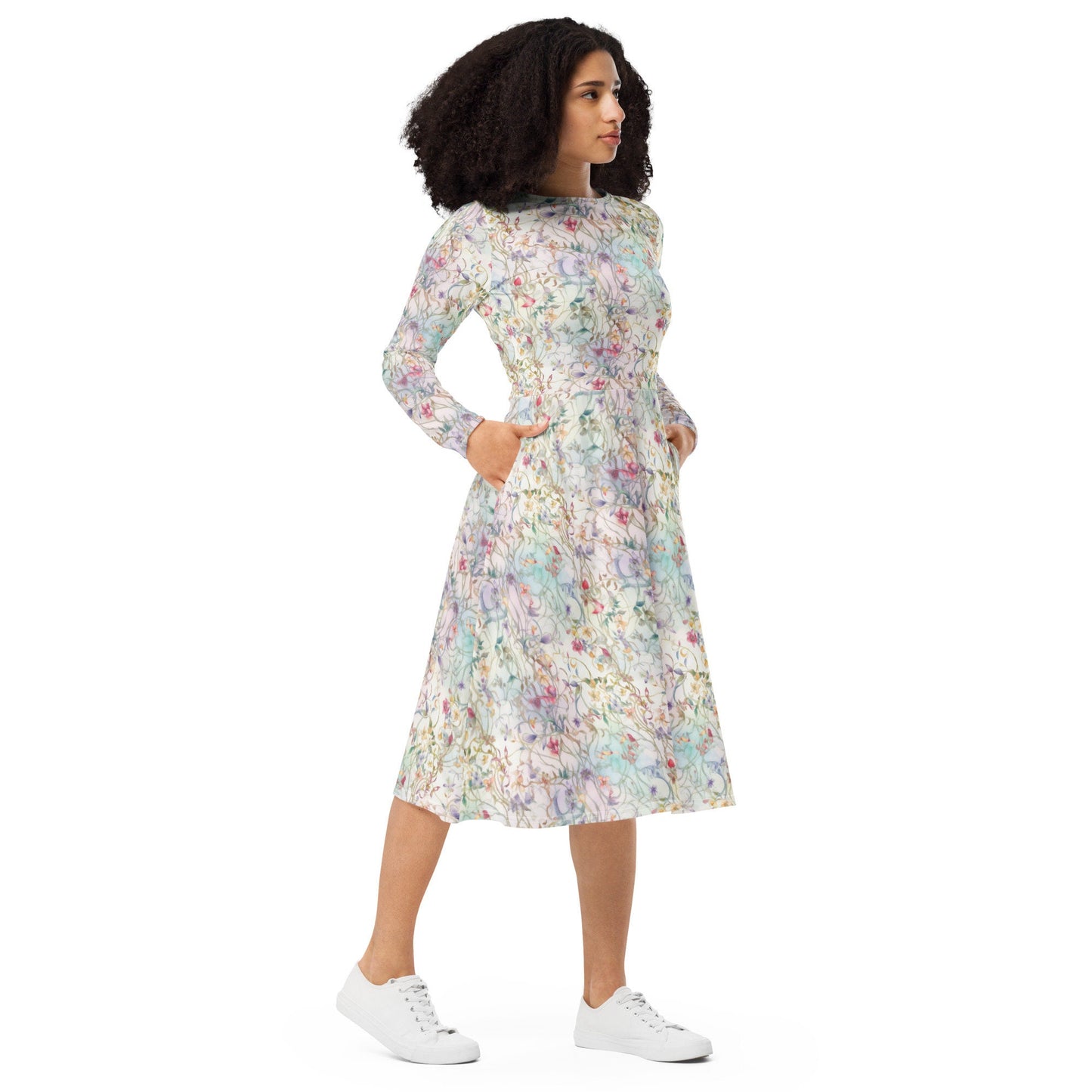Floral Watercolor - Light -  All-over print long sleeve midi dress