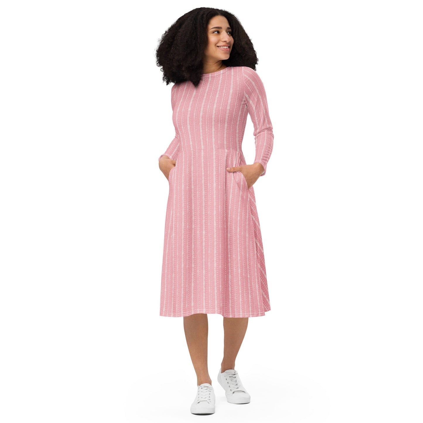 Pink Boho Stripes - All-over print long sleeve midi dress