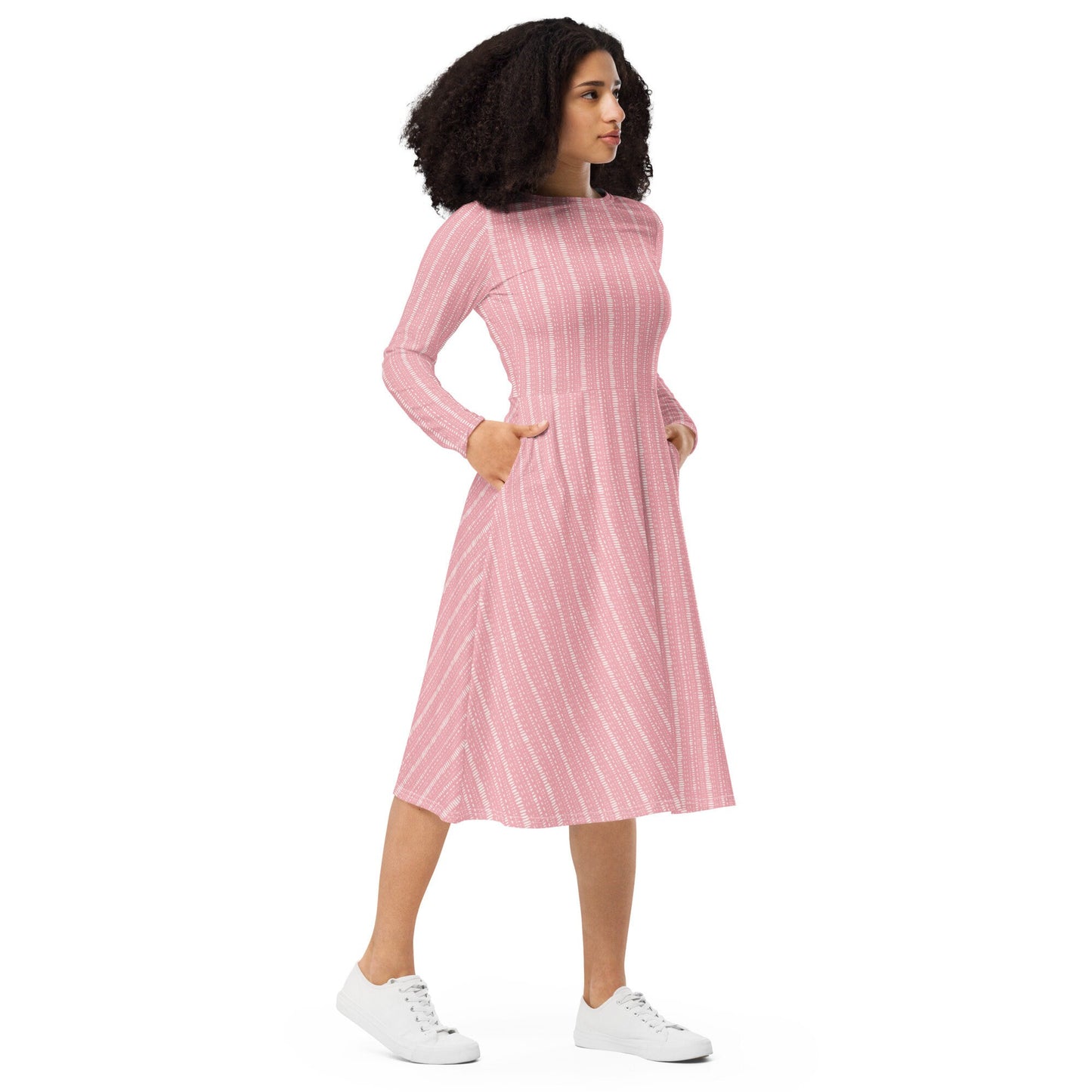 Pink Boho Stripes - All-over print long sleeve midi dress