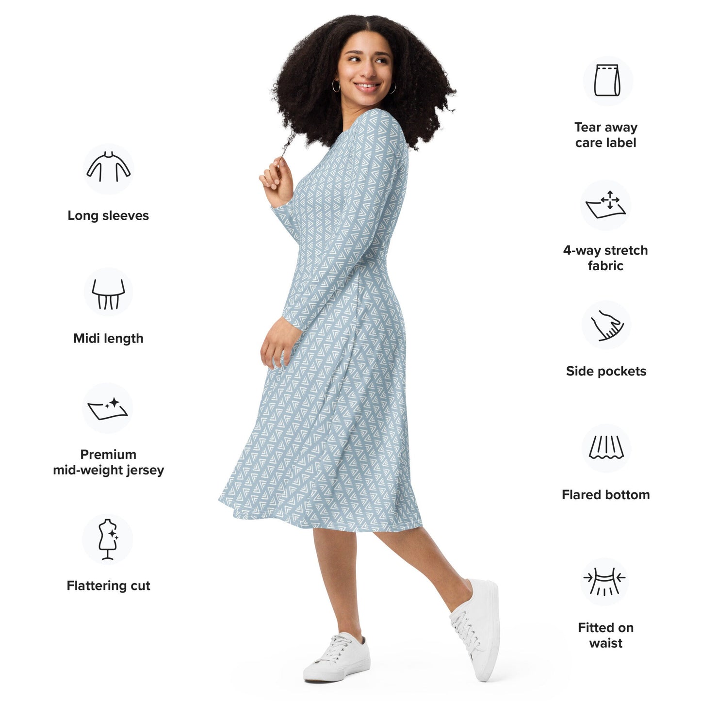 Blue Boho - All-over print long sleeve midi dress