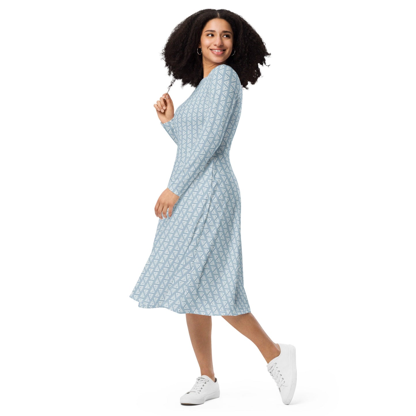 Blue Boho - All-over print long sleeve midi dress