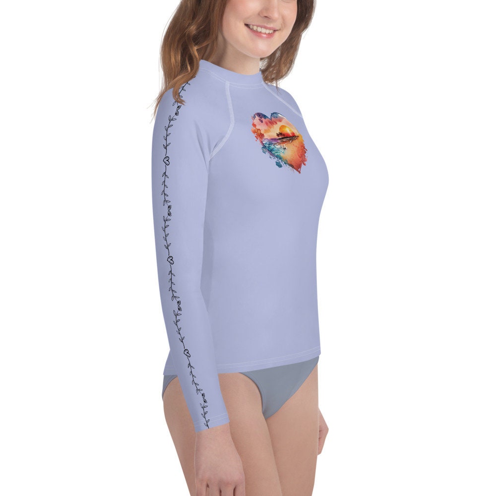 Watercolor Sunset Heart - Heart Vines - Youth Rash Guard
