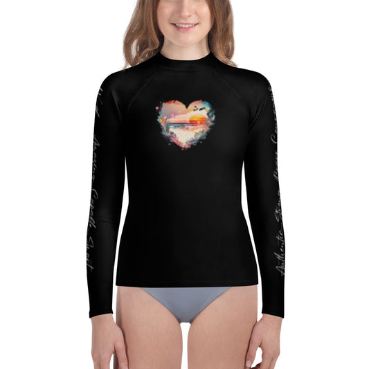 Watercolor Sunset Heart - Authentic, Strong, Brave, Courageous, Worthy, Amazing, Capable, Smart - Youth Rash Guard