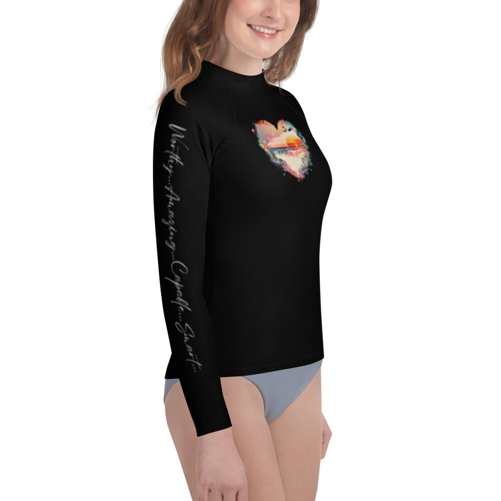 Watercolor Sunset Heart - Authentic, Strong, Brave, Courageous, Worthy, Amazing, Capable, Smart - Youth Rash Guard