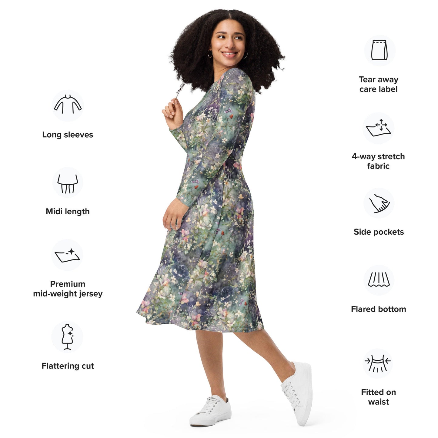 Floral Watercolor - Dark - All-over print long sleeve midi dress