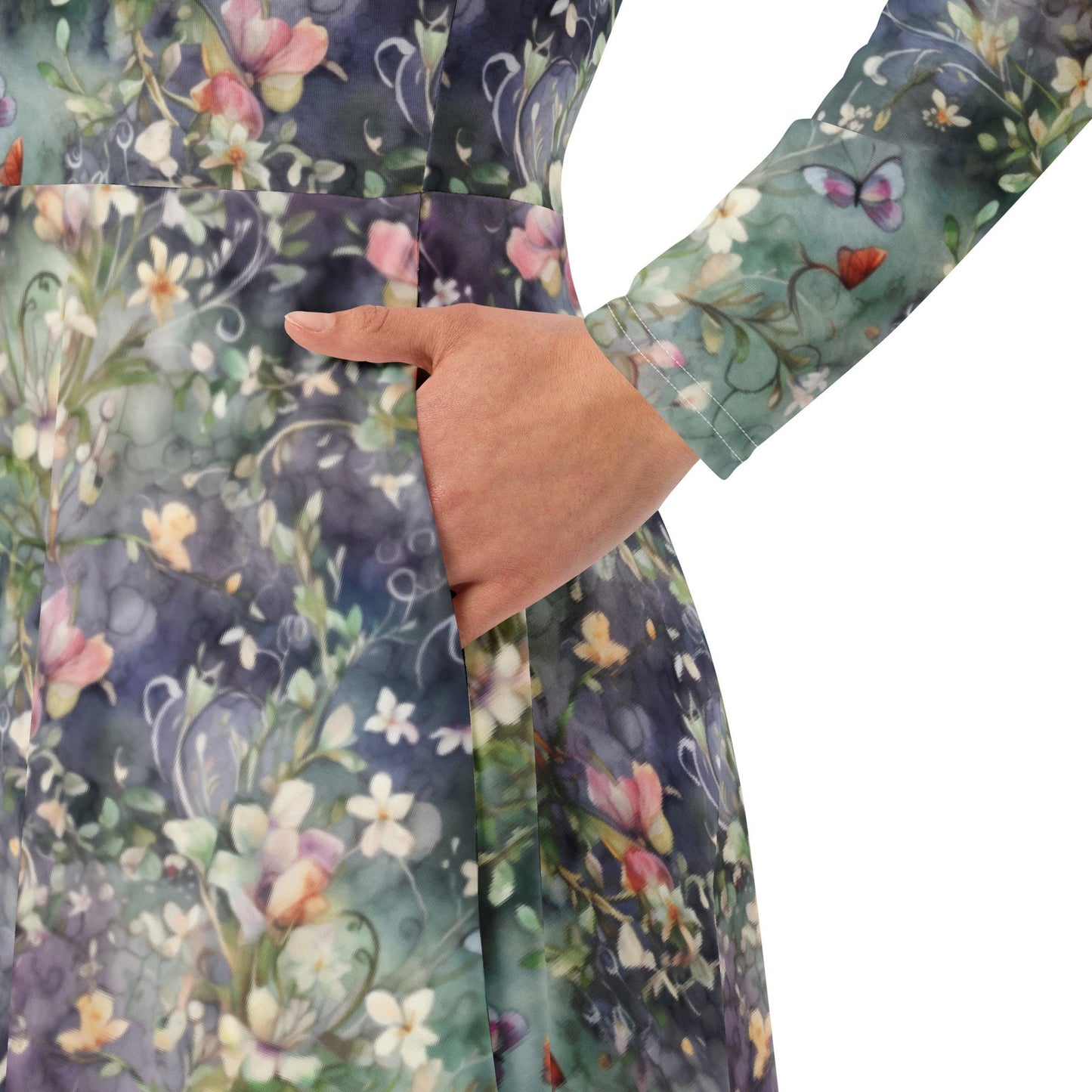 Floral Watercolor - Dark - All-over print long sleeve midi dress