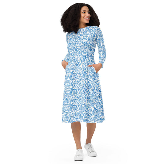 Blue - Watercolor Swirls - All-over print long sleeve midi dress