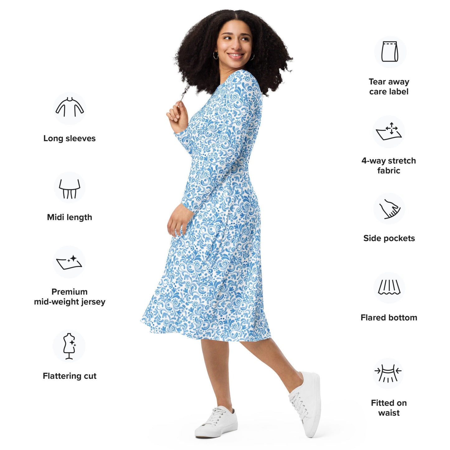 Blue - Watercolor Swirls - All-over print long sleeve midi dress