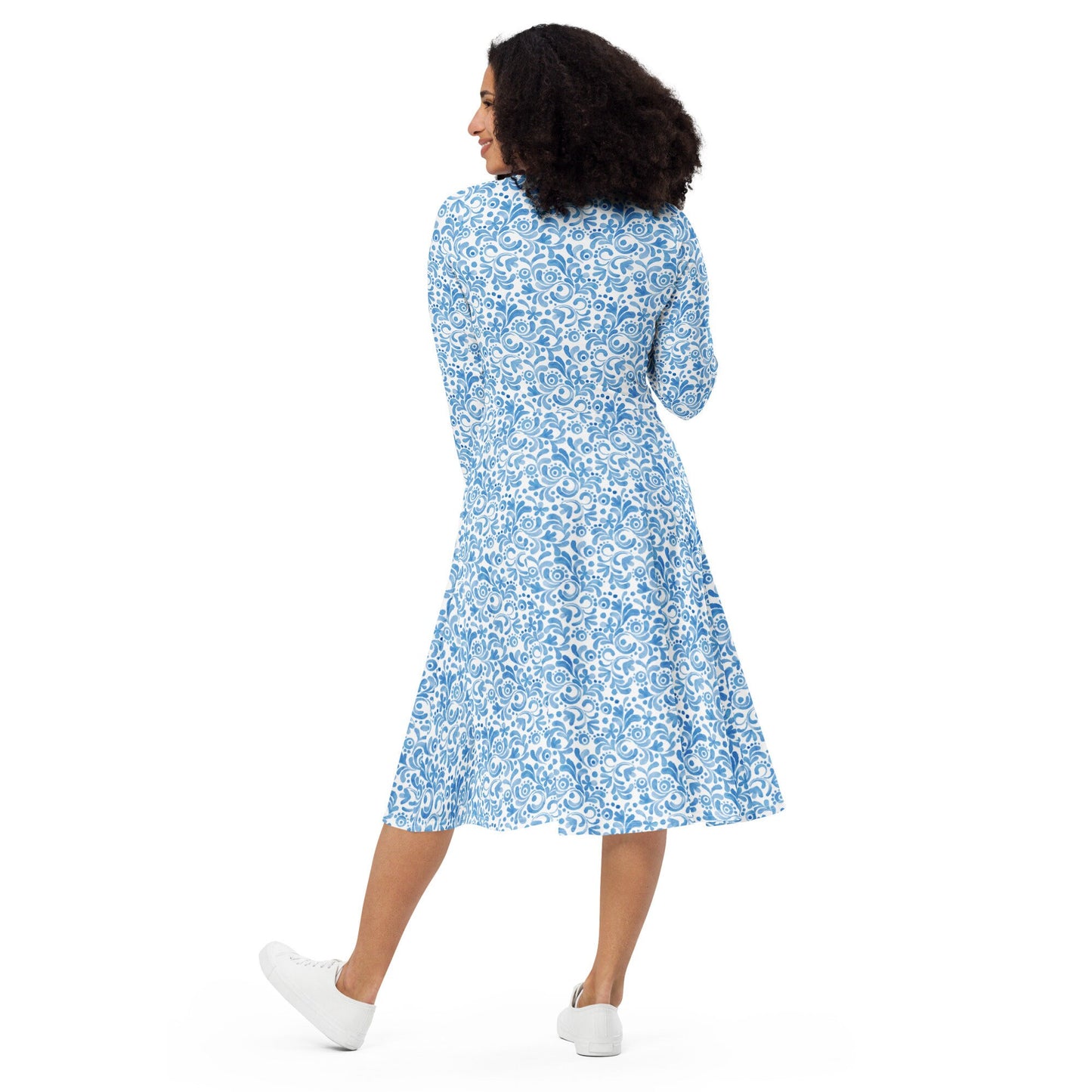 Blue - Watercolor Swirls - All-over print long sleeve midi dress