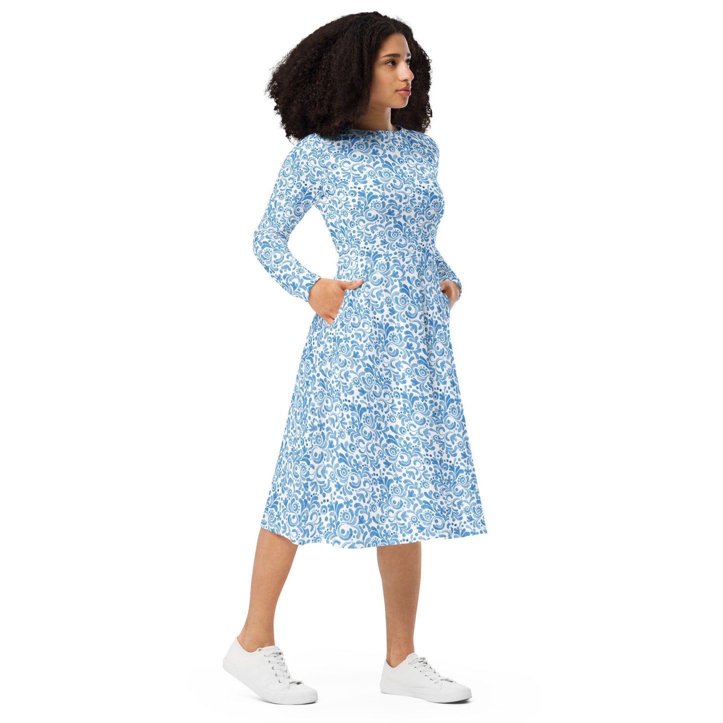 Blue - Watercolor Swirls - All-over print long sleeve midi dress