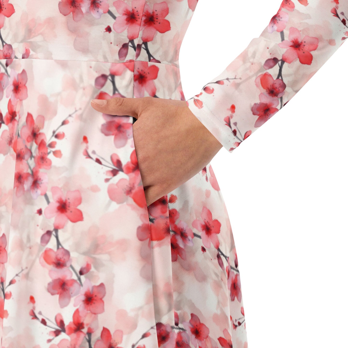Cherry Blossom - All-over print long sleeve midi dress